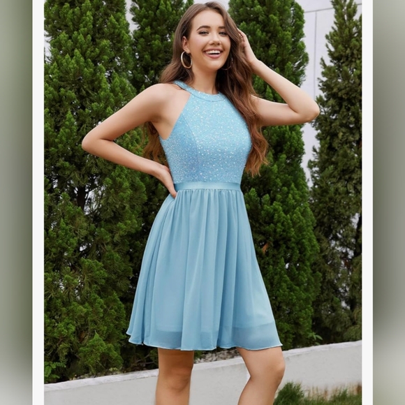 High neck sequin tulle cocktail dress homecoming dress prom dress light blue ice - Picture 2 of 6